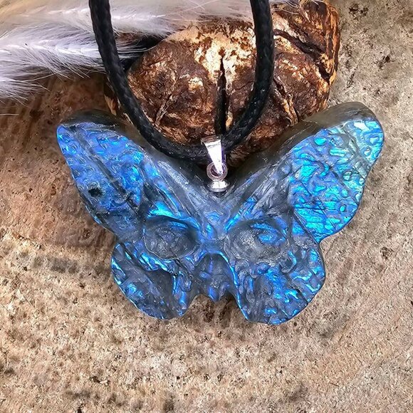 Nature Labradorite Carved Hidden Skull Butterfly Pendant Necklace - Picture 7 of 10